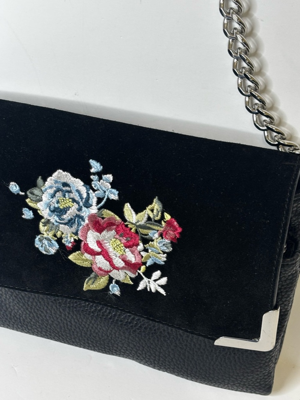 WHBM Pebbled Leather Black Floral Embroidered Crossbody Bag
